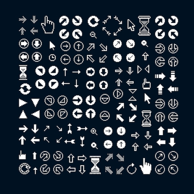 Iconos vectoriales planos de 8 bits, colección de símbolos de píxeles geométricos simples. Conjunto de flechas simplistas, señales web digitales.