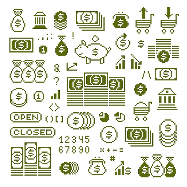 Iconos vectoriales planos de 8 bits, colección de símbolos de píxeles geométricos simples. Signos web digitales creados en concepto de economía y finanzas.