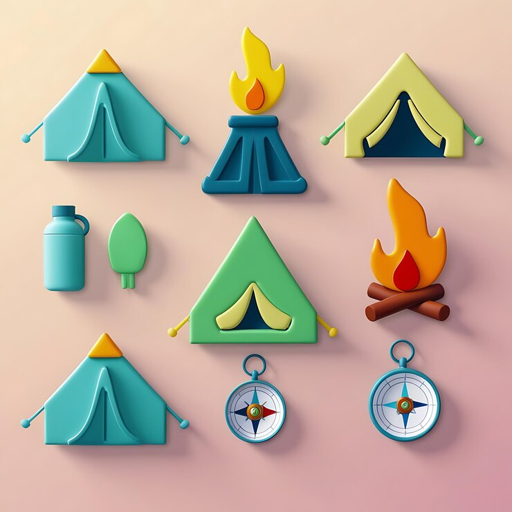 Iconos vectoriales planos para acampar y actividades al aire libre simples y limpios
