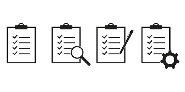 Iconos vectoriales del portapapeles. Lista de verificación con equipo, marcas de verificación, lupa y lápiz. línea de control de calidad