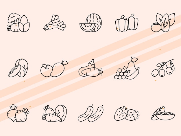 Iconos vectoriales que ilustran una gama de verduras como pimientos de brócoli y frijoles adecuados para la agricultura