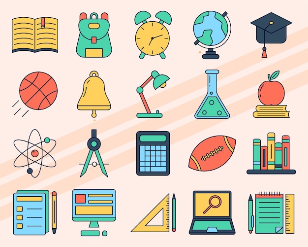 Iconos vectoriales que representan herramientas y símbolos educativos, incluidos libros y gorras de graduación