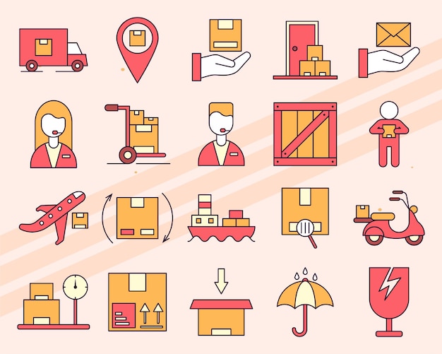 Iconos vectoriales que representan servicios de entrega, incluidos camiones, cajas y paquetes