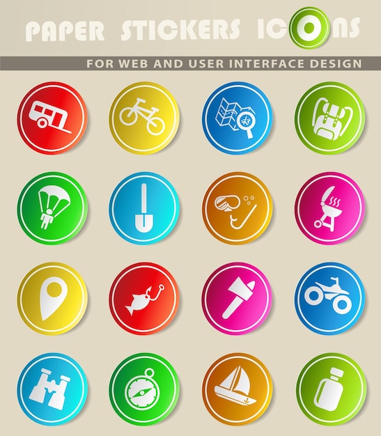Iconos vectoriales de recreación activa en pegatinas de papel de colores