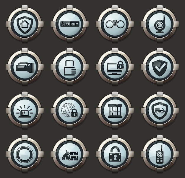 Iconos vectoriales de seguridad y protección en los elegantes botones redondos para aplicaciones móviles y web