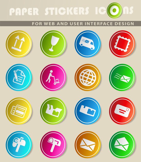 Iconos vectoriales de servicio postal en pegatinas de papel de colores
