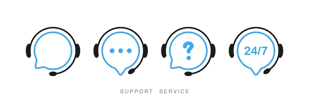 Iconos vectoriales de servicio de soporte Chat Símbolos del centro de llamadas Headset Sínbolos del concepto de línea directa Ilustración vectorial