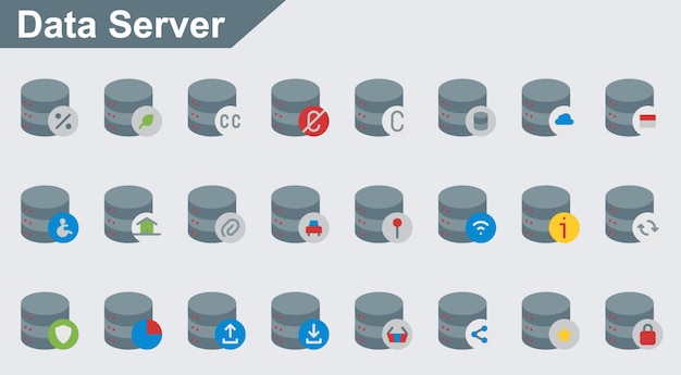 Iconos vectoriales de servidor de datos sobre fondo blanco
