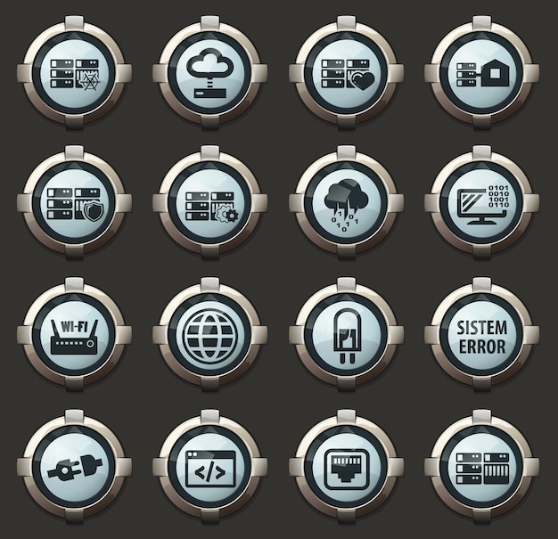 Iconos vectoriales de servidor web en los elegantes botones redondos para aplicaciones móviles y web