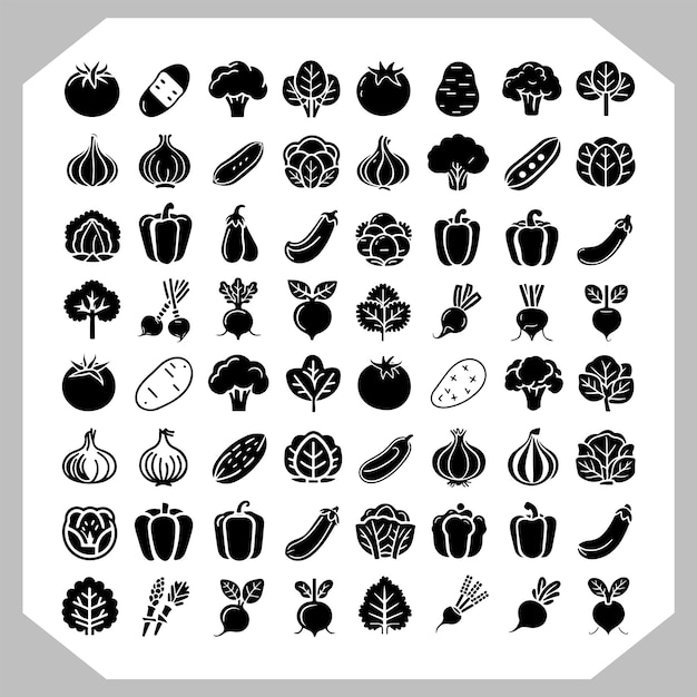 Iconos vectoriales de silueta de verduras Diseños negros para cebolla de zanahoria