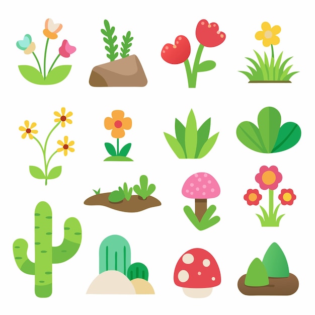 Iconos vectoriales simples de hierba rocas flores cactus y setas diseño plano de estilo de dibujos animados en pastel