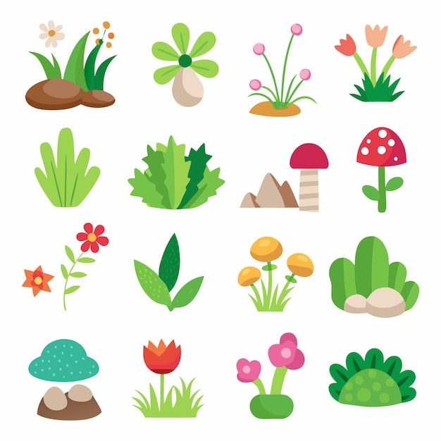 Iconos vectoriales simples de hierba rocas flores cactus y setas diseño plano de estilo de dibujos animados en pastel