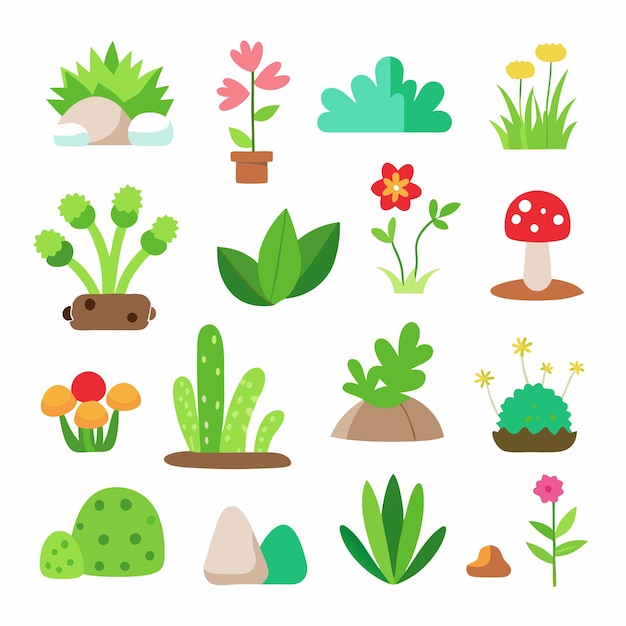 Iconos vectoriales simples de hierba rocas flores cactus y setas diseño plano de estilo de dibujos animados en pastel