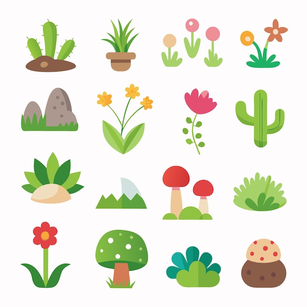 Iconos vectoriales simples de hierba rocas flores cactus y setas diseño plano de estilo de dibujos animados en pastel