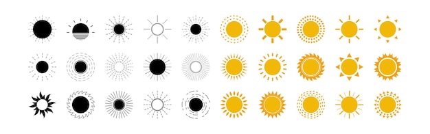 Iconos vectoriales del sol negros y amarillos en estilo de dibujos animados Boho y Cute en fondo blanco Conjunto de sol