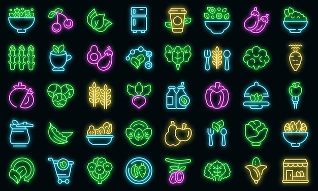 Los iconos del vegetarianismo establecen vector de contorno. Fruta vegana. Brócoli dietético