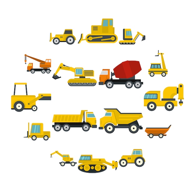 Iconos de vehículos de construcción establecidos en estilo plano