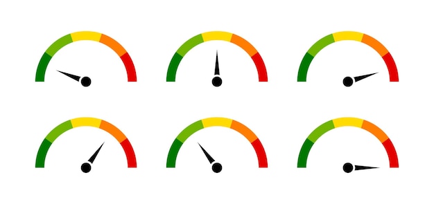 Iconos del velocímetro con flecha Tablero con indicadores verdes amarillos y rojos tacómetro Bajo medio alto y niveles de riesgo