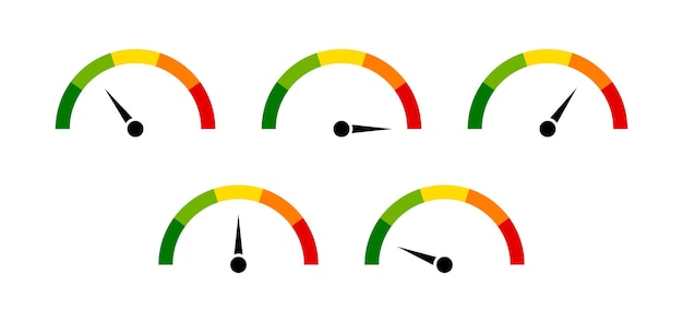Iconos del velocímetro con flecha Tablero con indicadores verdes amarillos y rojos tacómetro Bajo medio alto y niveles de riesgo