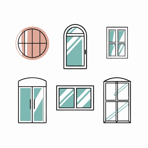 Iconos de ventanas y puertas de vidrio en fondo blanco
