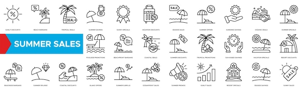 Iconos de ventas de verano descuentos iluminados por el sol ofertas de playa ofertas tropicales ahorros de verano