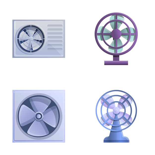 Iconos de ventilación set vector de dibujos animados Dispositivo de ventilación moderno Ventilador aire acondicionado