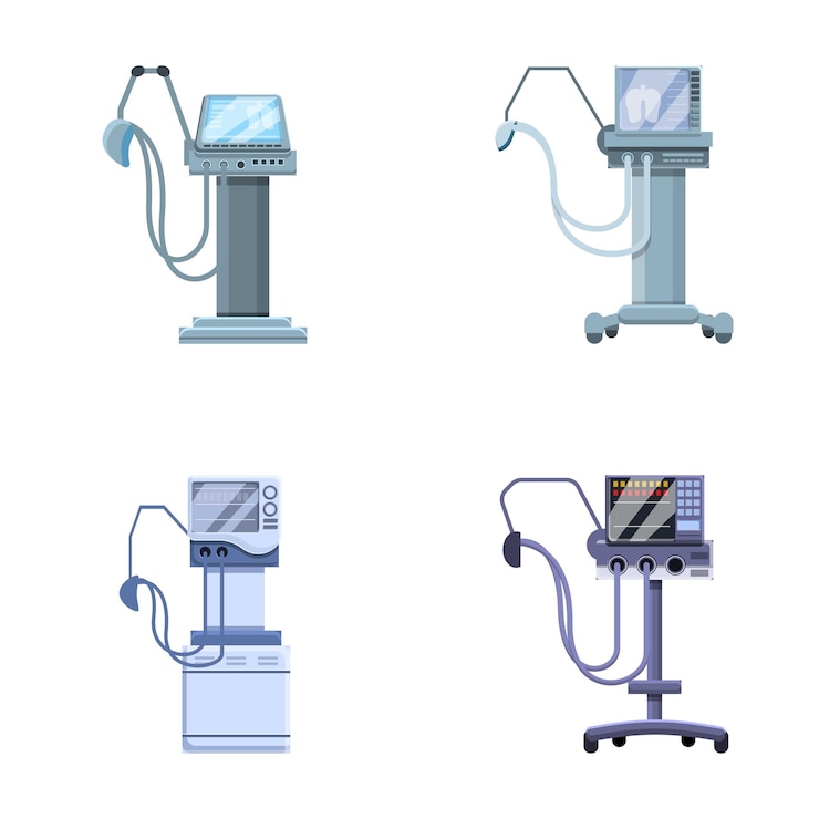 Iconos de ventiladores respiratorios conjuntos de vectores de dibujos animados Equipo para la ventilación pulmonar