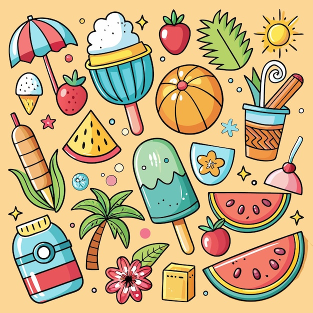 Iconos de verano coloridos con sandía de bola de playa y helado