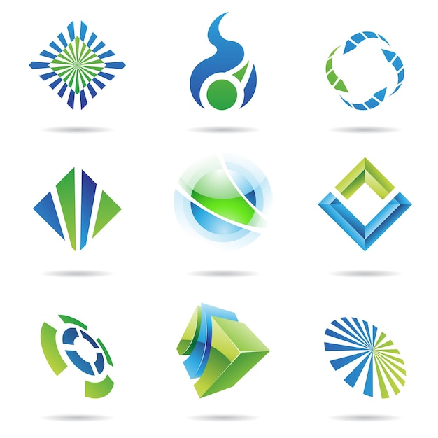 Iconos verdes y azules abstractos geométricos aislados sobre un fondo blanco