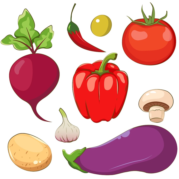 Iconos de verduras en estilo de dibujos animados Alimentos orgánicos frescos para el menú Ilustración vectorial EPS10