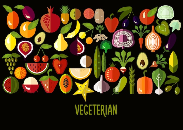 Vector iconos de verduras y frutas conjunto vectorial de signos de alimentos planos y coloridos conjunto vegetariano