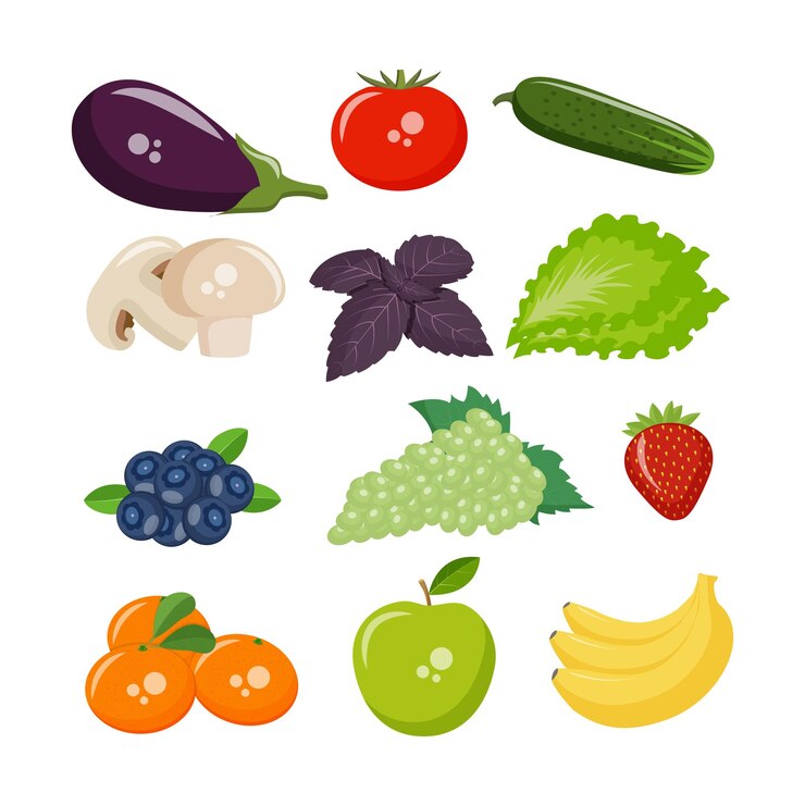 Iconos de verduras, frutas, setas y bayas para su diseño. Vector EPS10