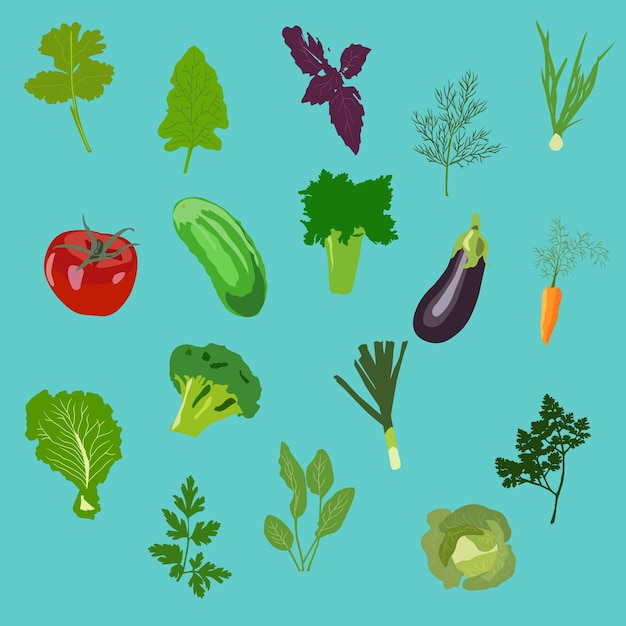 Iconos de verduras plano conjunto aislado vector ilustración vector fondo Iconos planos alimentos frescos alimentos saludables verduras dieta
