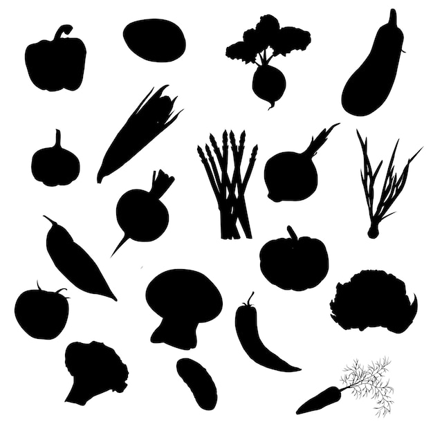 Vector los iconos de verduras vectoriales establecen una silueta negra aislada en un fondo blanco.