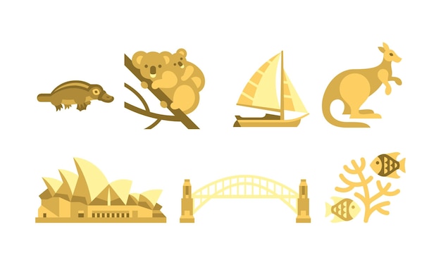 Vector los iconos de viaje de australia establecen símbolos tradicionales y culturales australianos vector ilustración aislada sobre fondo blanco