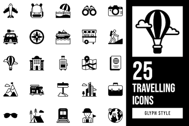 iconos de viaje conjunto de estilo de glifo