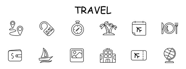 Iconos de viaje establecidos Geolocalización ruta de viaje de un punto a otro billetera hotel isla tropical vacaciones vuelo globo no molestar icono turismo y concepto de vagar icono de línea vectorial