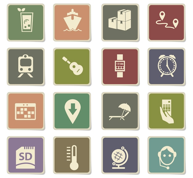 Iconos de viaje en pegatinas de papel cuadrado con sombra