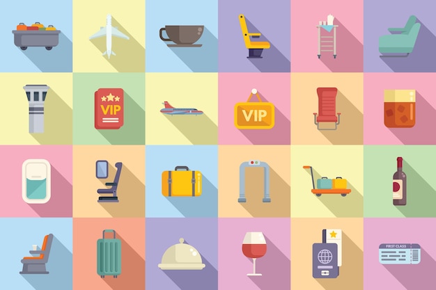 Los iconos de viaje de primera clase establecen el servicio de avión vectorial plano