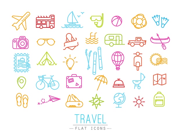 Vector iconos de viaje que dibujan en estilo plano moderno con líneas de color.