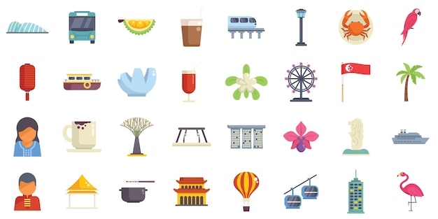 Iconos de viajes de Singapur que muestran puntos de referencia y cultura famosos