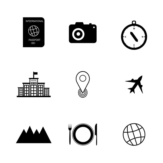Iconos de viajes y turismo, vacaciones e ilustraciones vectoriales de símbolos de vacaciones