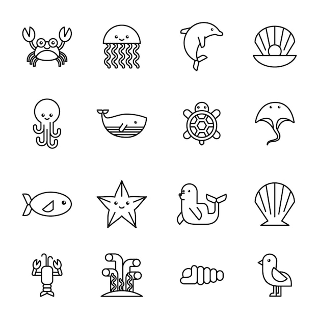 Los iconos de la vida marina establecen plano dibujar