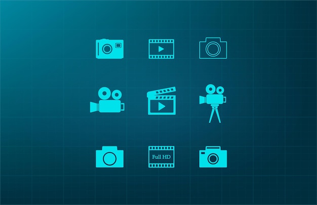 Iconos de video configurado símbolo de la cámara ilustración vectorial en fondo azul Eps 10