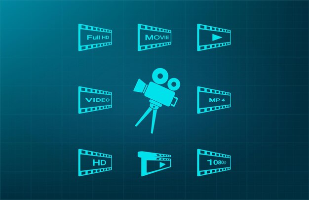 Iconos de video configurado símbolo de la cámara ilustración vectorial en fondo azul Eps 10