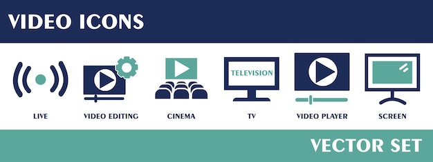 Iconos de video que contienen edición de video en vivo pantalla de reproductor de video de cine y televisión Conjunto vectorial de diseño plano