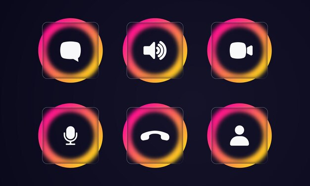 Iconos de videollamadas. Altavoz, video chat, iconos relacionados con la cámara. Estilo glassmorfismo. Aplicación de video chat en línea, tecnología de llamadas. Efecto de morfismo de vidrio con juego de placas de vidrio transparente.