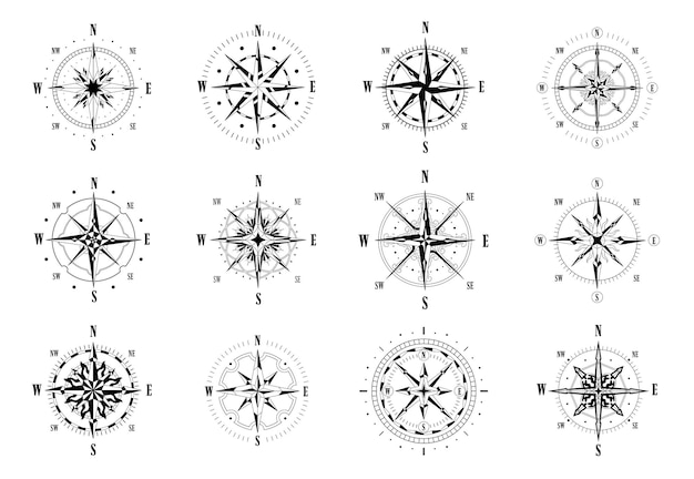 Iconos de viento Símbolo de brújula náutica vintage con direcciones norte sur oeste y este Conjunto de iconos de cartografía vectorial