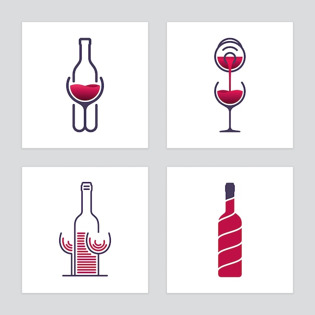 Iconos de vino con botellas y vasos Conjunto de íconos de vinos con botellas e vasos Vector libre