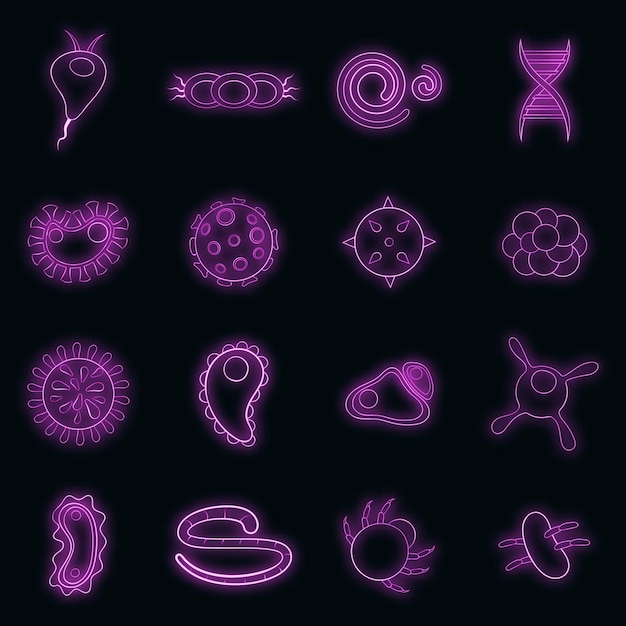 Iconos de virus establecidos en estilo neón. Ilustración de vector de colección de conjunto de microorganismos de biología